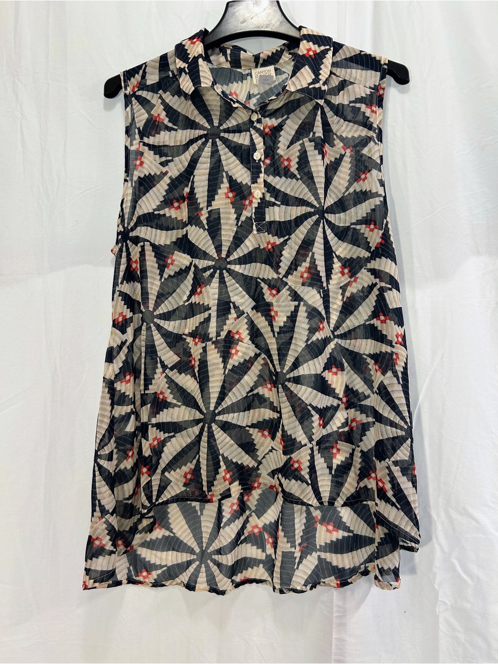 Canyon River Blues Sleeveless Blouse L Geometric Tunic Top Sheer Boho High Low